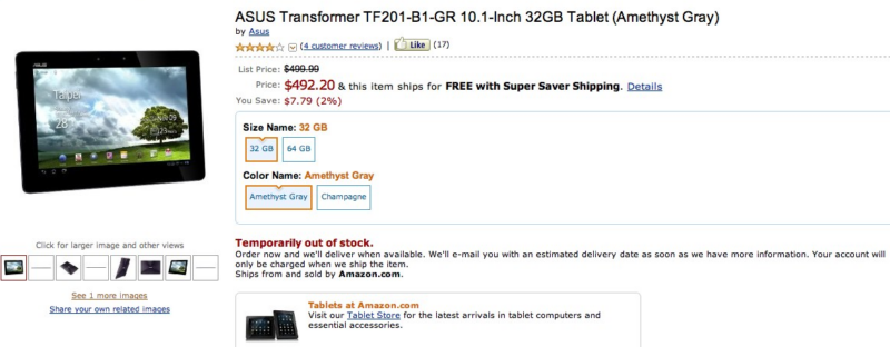 Amazon Now Taking Pre-Orders for ASUS Transformer Prime 4