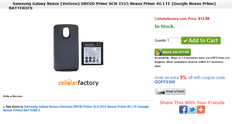Galaxy Nexus 3,800mAh Extended Battery Available For Only $13.99 4