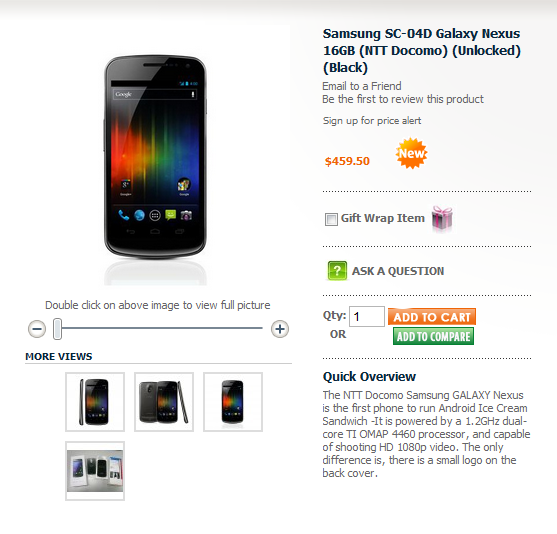 [Deal] 16GB, unlocked, Docomo branded Galaxy Nexus (i9250) for $459.50 at Negri Electronics 2