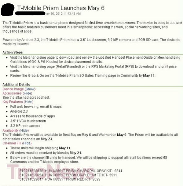 Leaked Documents Show T-Mobile Prism Launching on May 6th 4