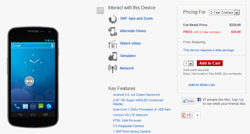 Pre-owned Verizon Galaxy Nexus on sale for $230 off-contract 3