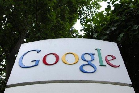 Logo of Google outside their headquarters building in Mountainview, California.