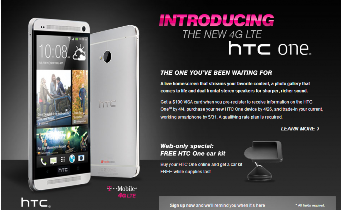 T-Mobile HTC One with Free Car Kit