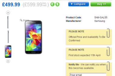 Amazon Spain and UK-based retailer, Clove, list Galaxy S 5 price 19