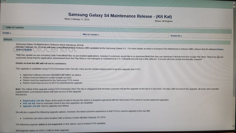US Cellular to release the KitKat update for Samsung Galaxy S4 on February 19, according to a leaked document 4