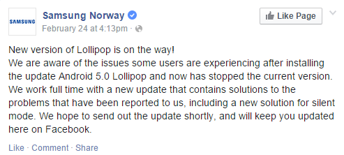 Samsung Norway   New version of Lollipop is on the way  We are aware ...