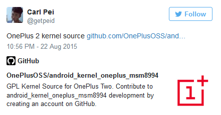 Android smartphones_OnePlus 2_kernel_twitter screenshot_082315