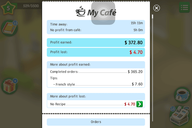 My Cafe Bill shows Bonus Earnings from French Style Furniture