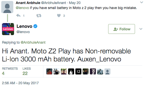 Lenovo, on Twitter, confirms 3000mAh battery for the Moto Z2 Play 4