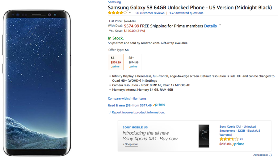 [Deal] Amazon begins selling the U.S. unlocked Samsung Galaxy S8 and S8+, already takes $150 off 4