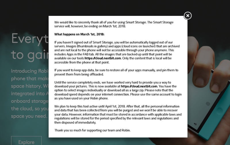 Nextbit cloud storage for Robin phones shutting down 3