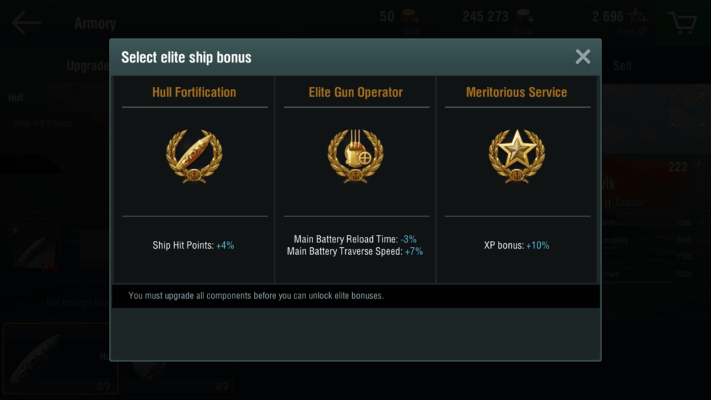 Get elite ship bonus by maxing out warship upgrades