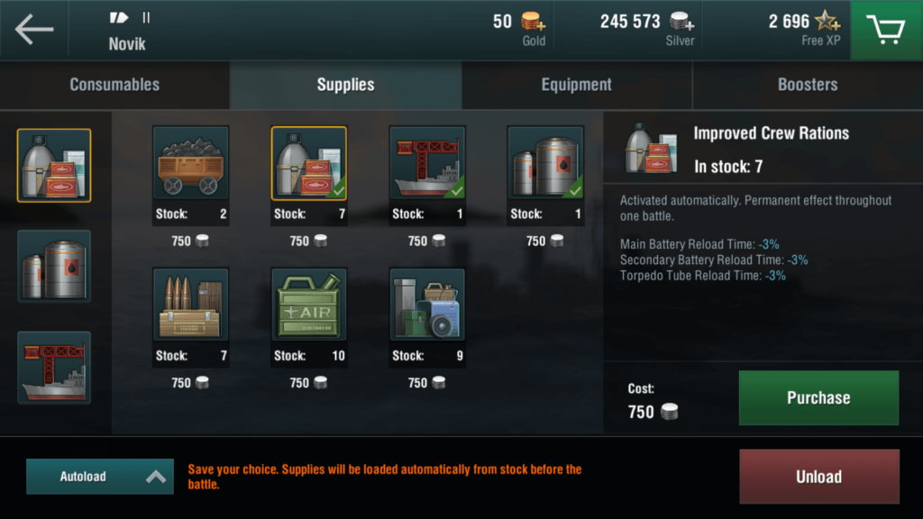 Equip supplies and consumables to your Warship
