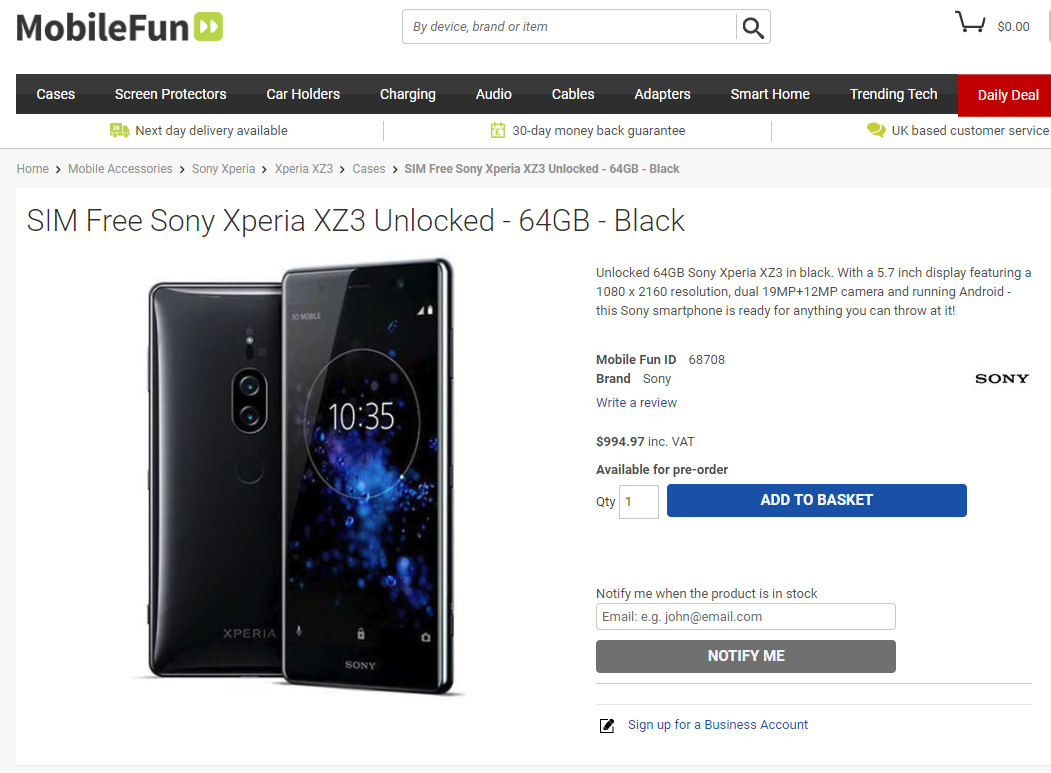 UK retailer reveals price and specifications of Sony Xperia XZ3 ahead of IFA 2018 4