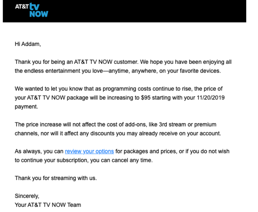 AT&T TV NOW is significantly increasing prices and almost all customers are affected 4