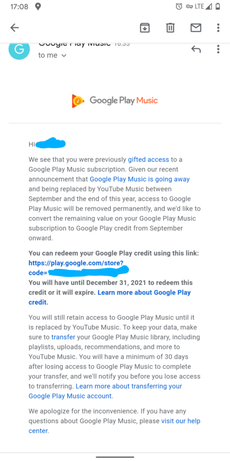 Google will convert gifted Play Music subscriptions to YouTube Music and throw in some Play Store credit too, maybe 5