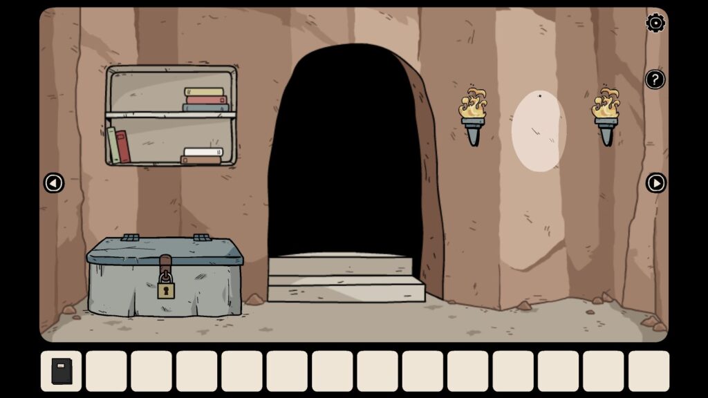 Room with a bookshelf and a blue stone chest
