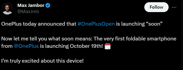 [Updated] The OnePlus Open foldable will launch 'soon' - reportedly on October 19th 2