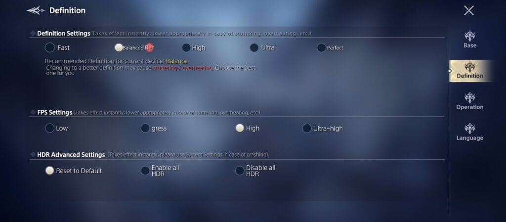 Broader picture into the UI of the settings panel