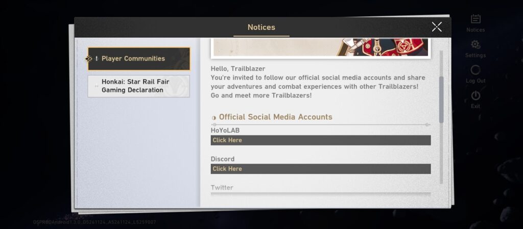 A screenshot showing the notice panel in the game.