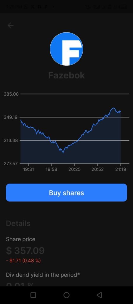 Photo showing the stock graph of Fazebok and the option of buying shares
