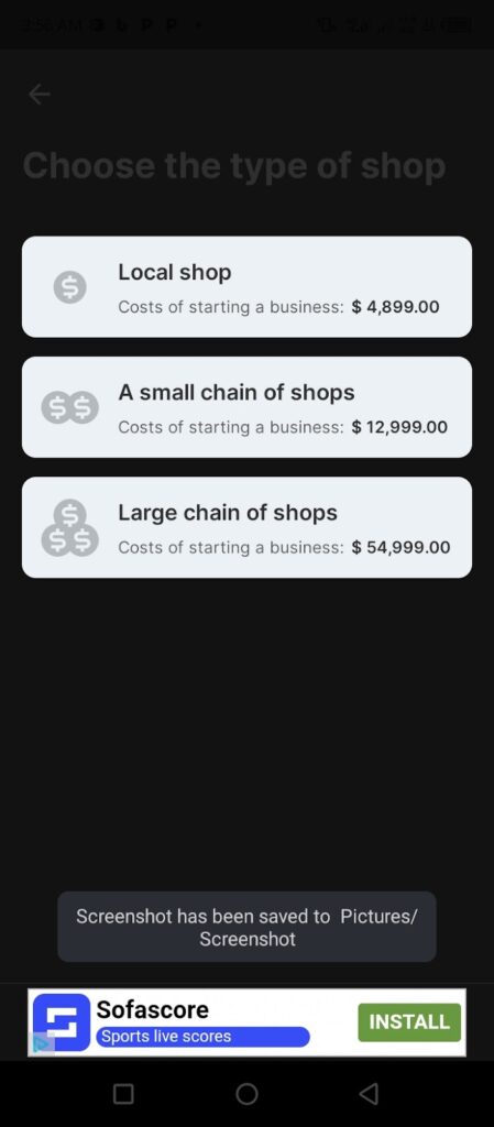 Page showing options of shops to buy