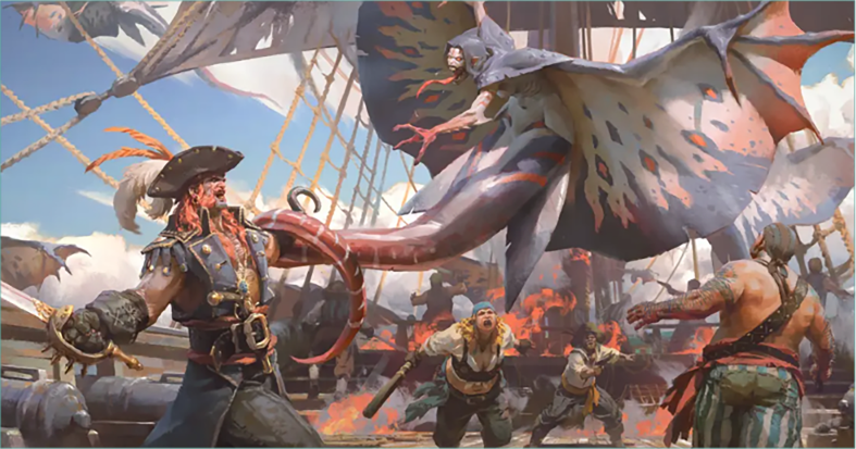 An artwork depicting a flying monster attacking pirates in Sea of Conquest.