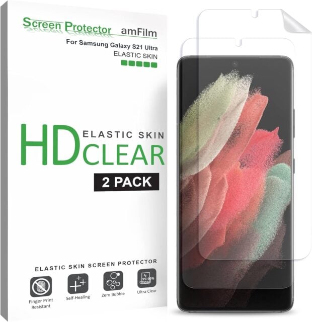 The packaging for amFilm Elastic Skin beside an S21 Ultra.