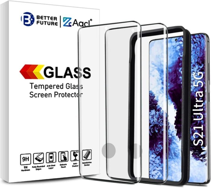 The AACL screen protector packaging beside an S21 Ultra.