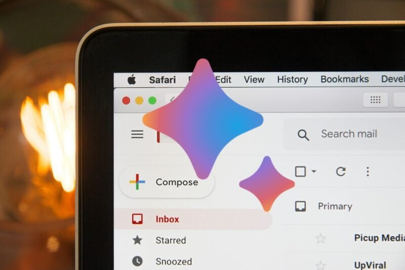 Google Bard AI logo overlayed on Gmail laptop screen header image