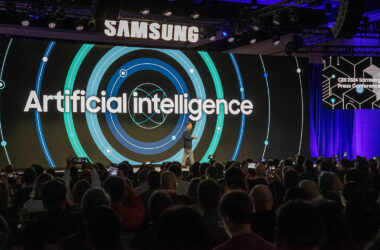 Samsung presentation at CES 2024 with "Artificial Intelligence" showing on a display.