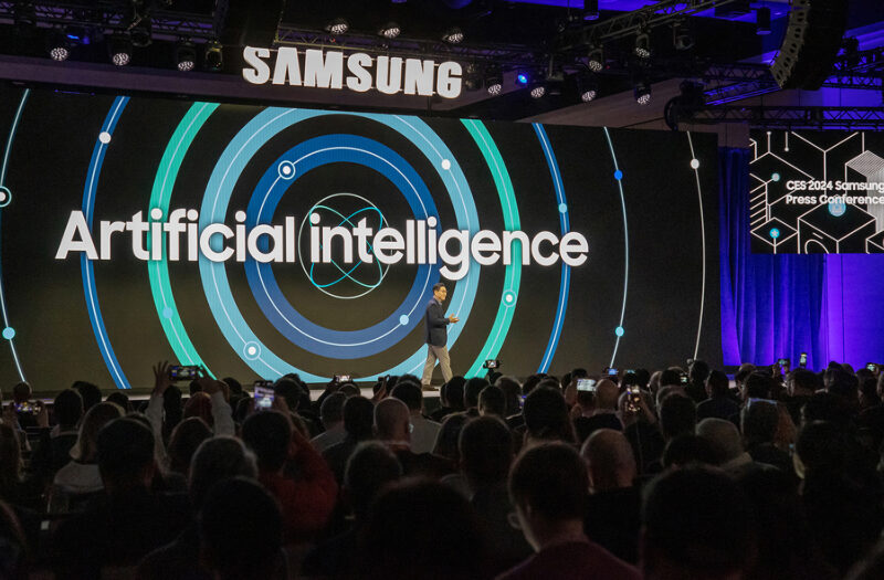 Samsung presentation at CES 2024 with "Artificial Intelligence" showing on a display.