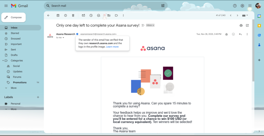 An email in the web version of Gmail showing the blue verification badge for an email sender.