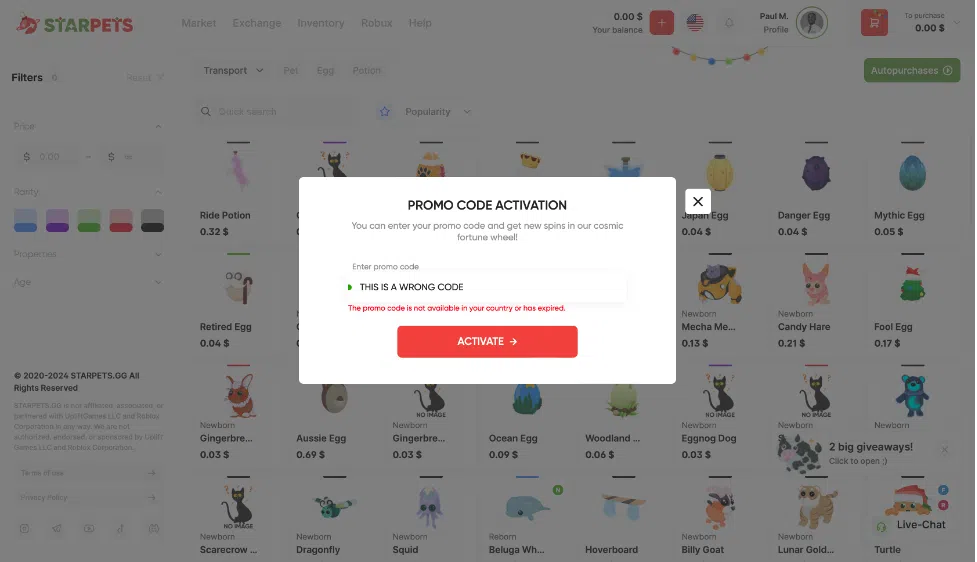 invalid codes in starpets