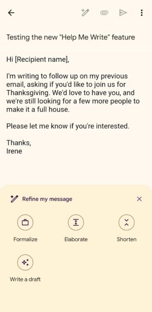 Tools for refining email drafted with Help Me Write feature in Gmail app
