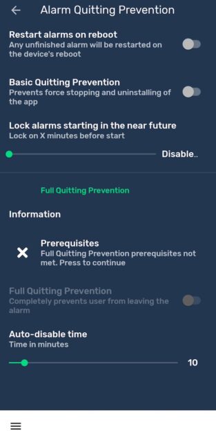Alarm Quitting Prevention menu on the I Can't Wake Up app
