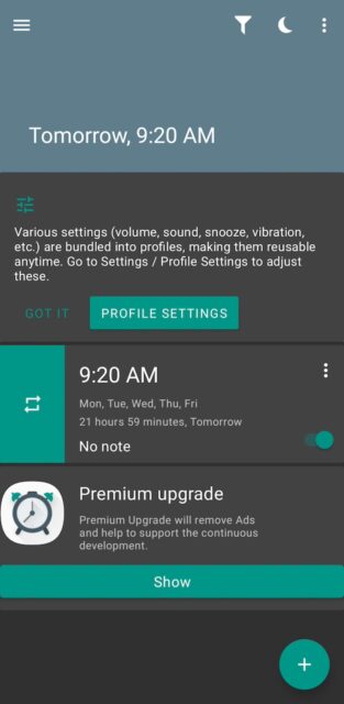 Alarm menu on AMdroid app