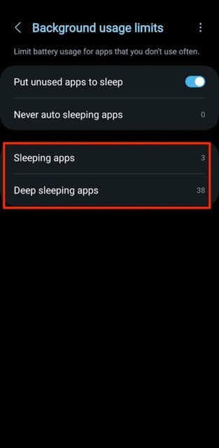Background usage limits menu on Android