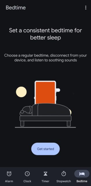 Bedtime menu in Google Clock app