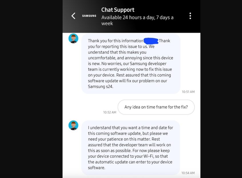 Chat support conversation between Galaxy S24 user and Samsung agent.