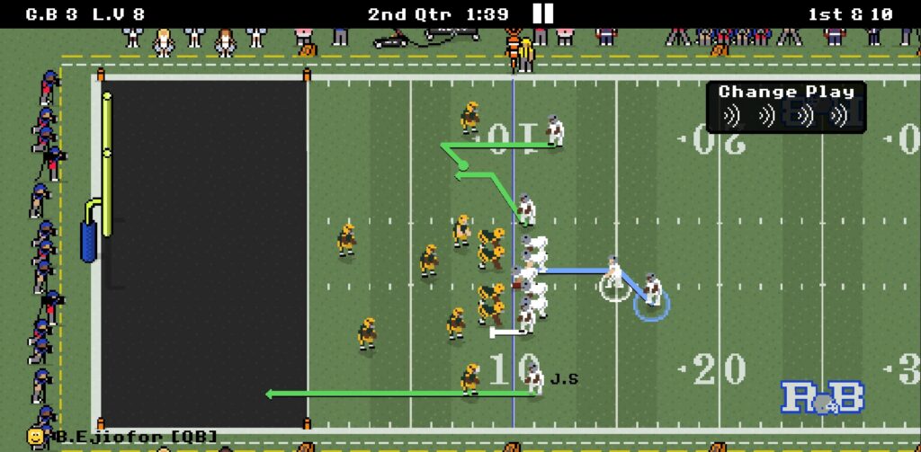 A match showcase between Green Bay (AI) and Las Vegas (player) in Retro Bowl.