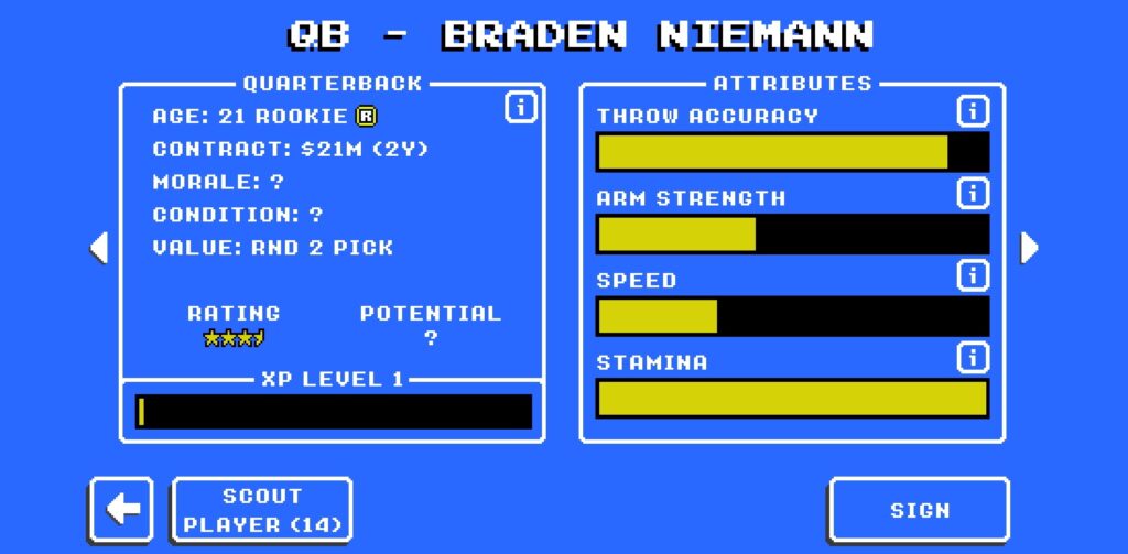 Scouting a Quarterback in Retro Bowl.
