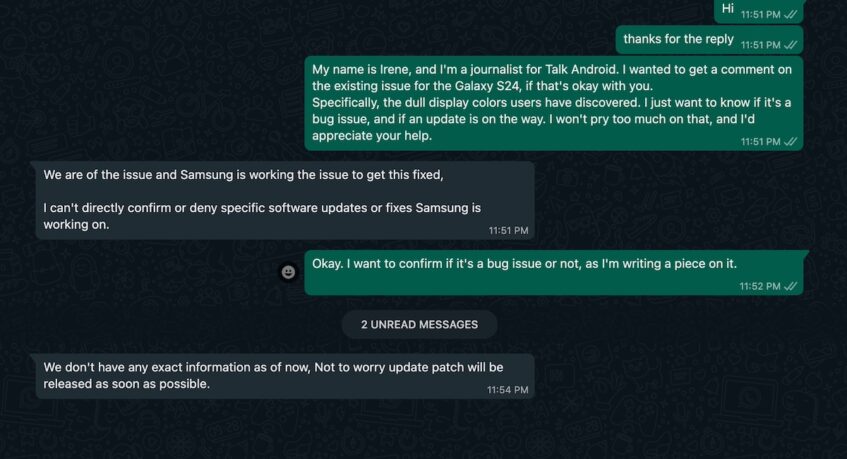 Talk Android WhatsApp chat with Samsung agent on Galaxy S24 dull display issue