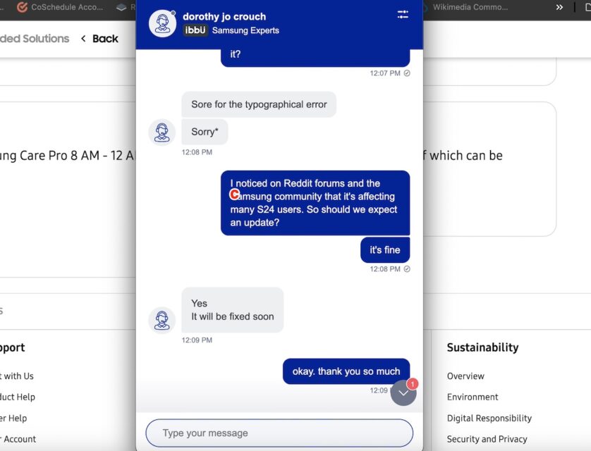 Talk Android chat with Samsung agent on the Galaxy S24 dull display issue.