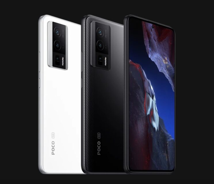 Three Xiaomi Poco F5 Pro smartphones