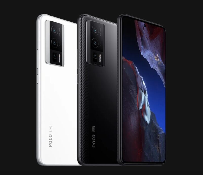 Three Xiaomi Poco F5 Pro smartphones