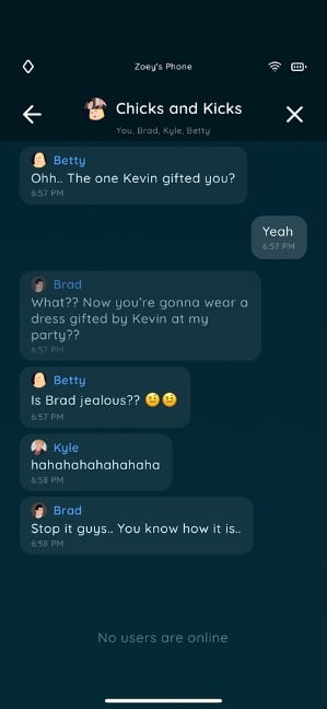 Check the recovered group chat called “Chicks and Kicks” 