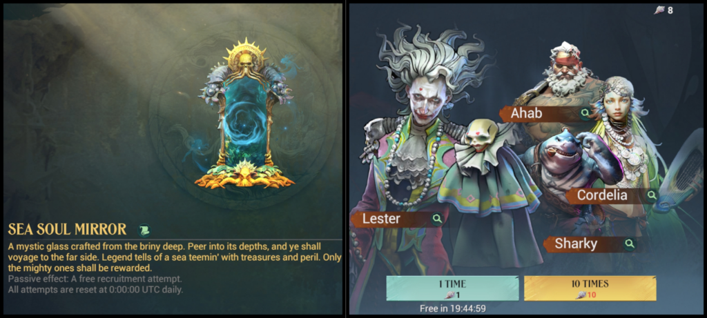 Sea Soul Mirror artifact page (left) and Standard Banner page (right) - Sea of Conquest