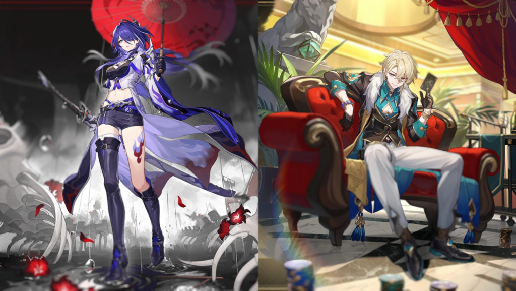 Collaged image of Acheron and Aventurine from Honkai: Star Rail.