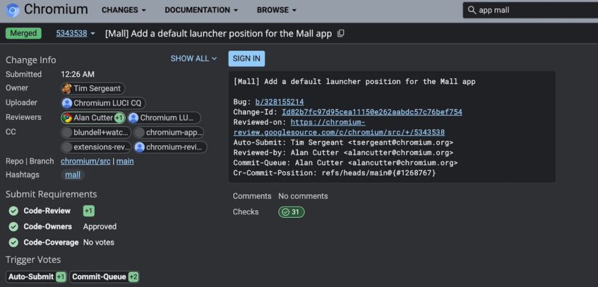 App Mall project on the Chromium review website
